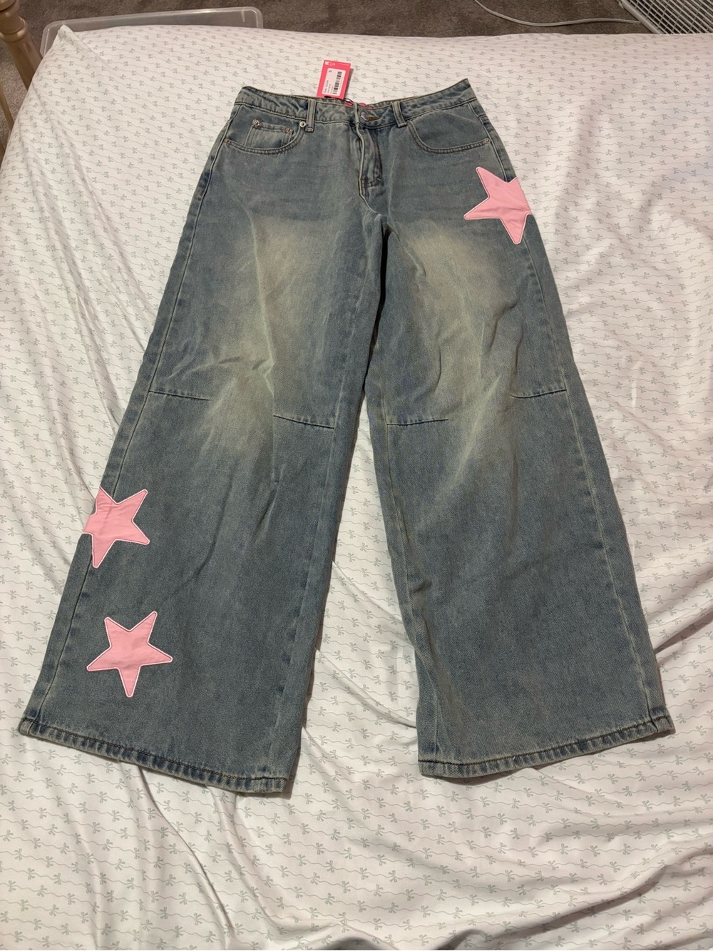 Edikted Wide-Leg Denim Jeans with Pink Star Patches